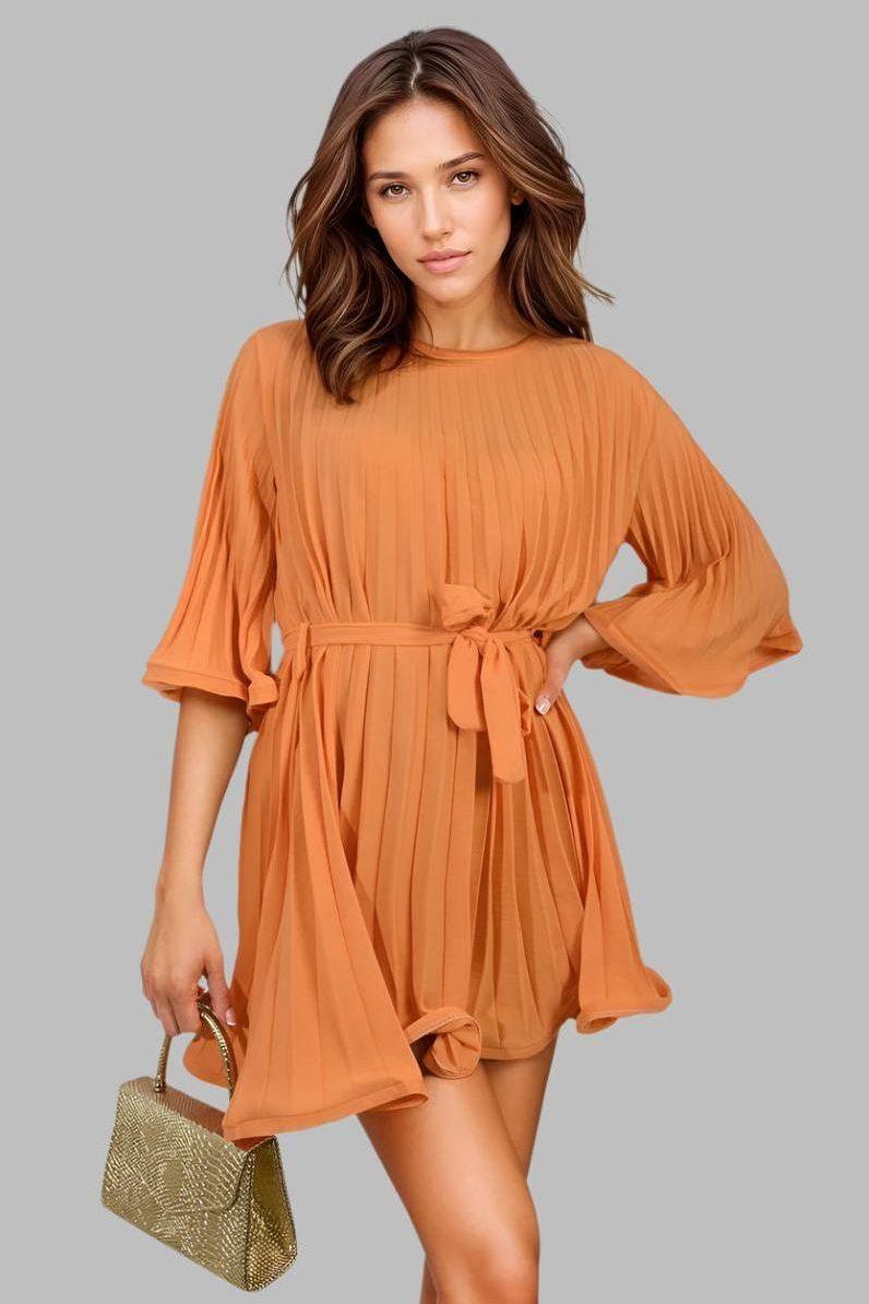 Carmen Pleated Tie Waist Mini Dress - Mini Dresses - Occasion by Lucy