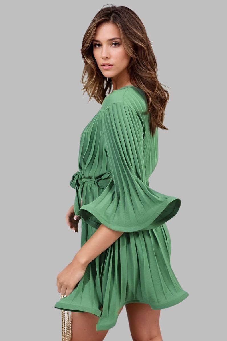 Carmen Pleated Tie Waist Mini Dress - Mini Dresses - Occasion by Lucy