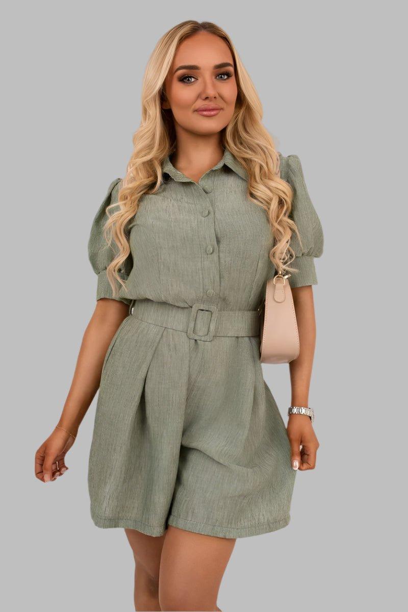 Collared Short Sleeve Playsuit with Belted Waist - Playsuits - Occasion by Lucy