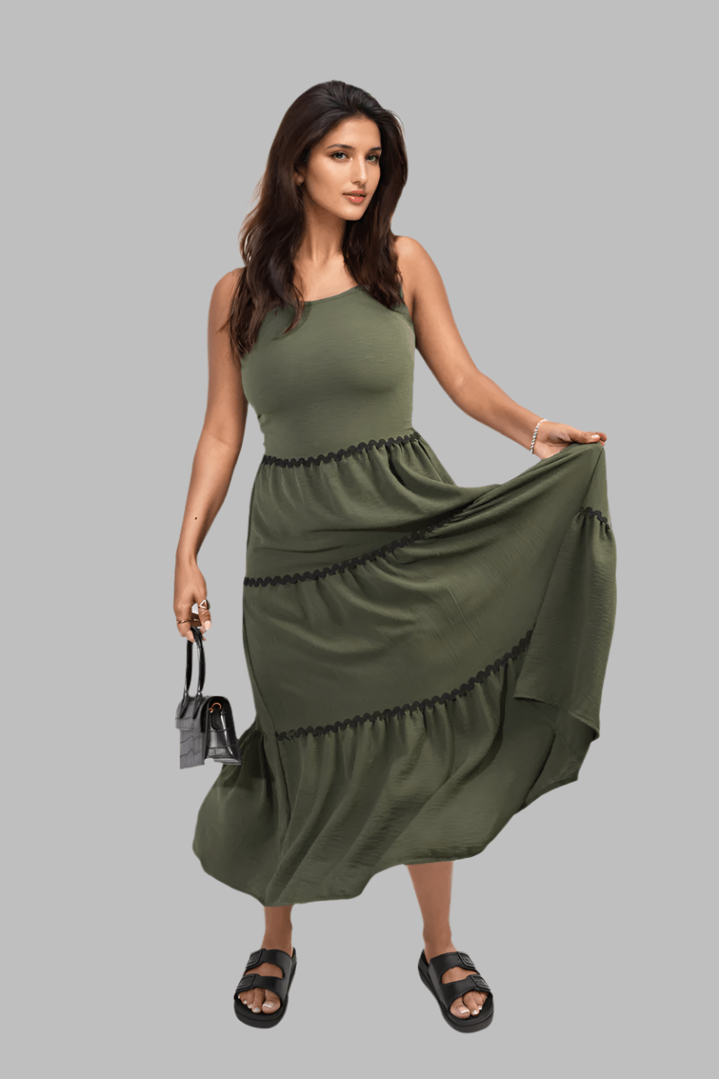 Khaki Contrast Ric Rac Detail Multi Tiered Maxi Dress - Maxi Dresses - Occasion by Lucy