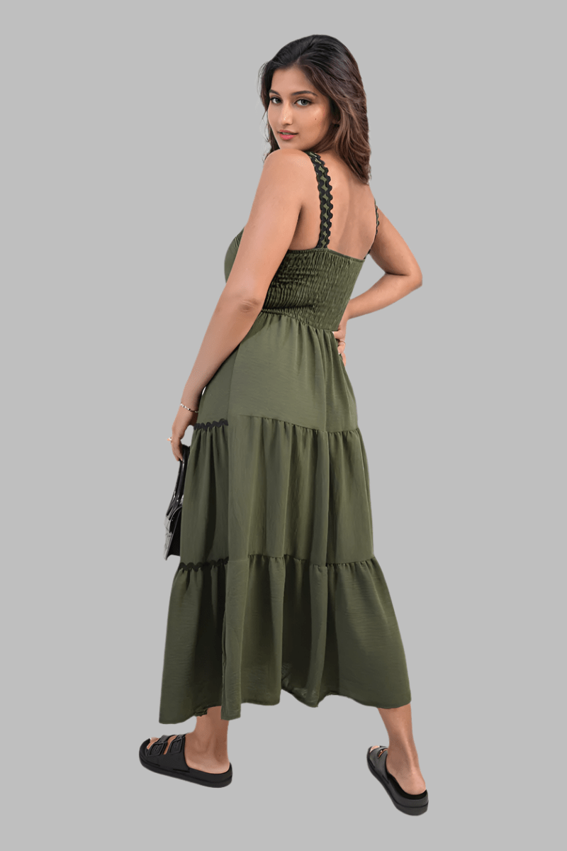 Khaki Contrast Ric Rac Detail Multi Tiered Maxi Dress - Maxi Dresses - Occasion by Lucy