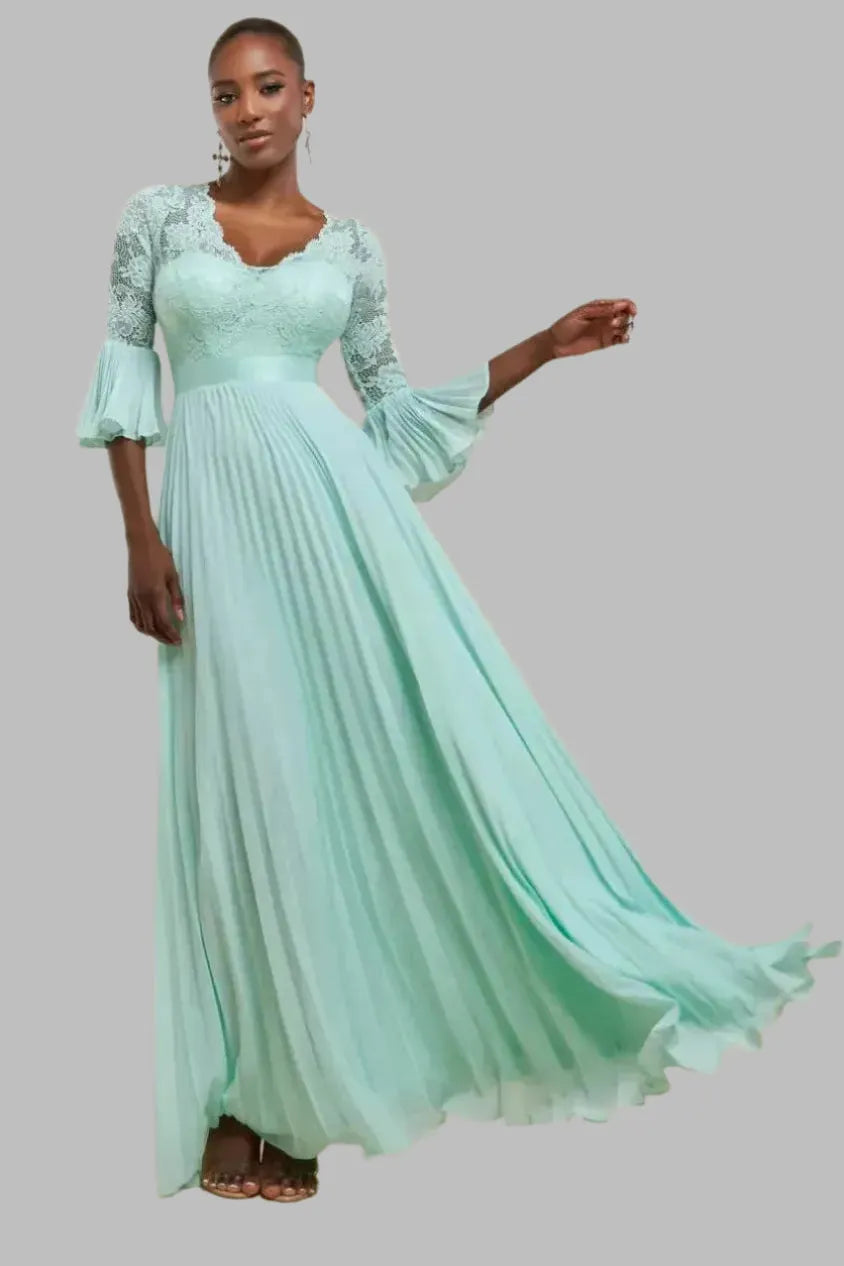 Scalloped Lace Bodice Pleated Chiffon A Line Maxi Dress - Maxi Dresses - Occasion by Lucy