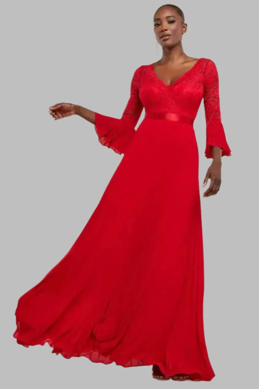 Scalloped Lace Bodice Pleated Chiffon A Line Maxi Dress - Maxi Dresses - Occasion by Lucy