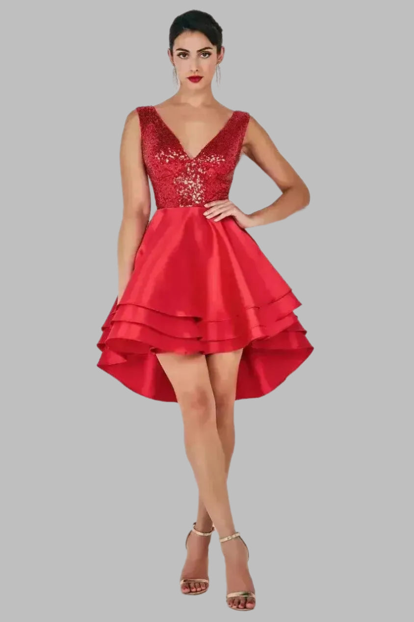 Sequin And Satin Multilayered Hi - Low Mini Skater Dress - Skater Dresses - Occasion by Lucy