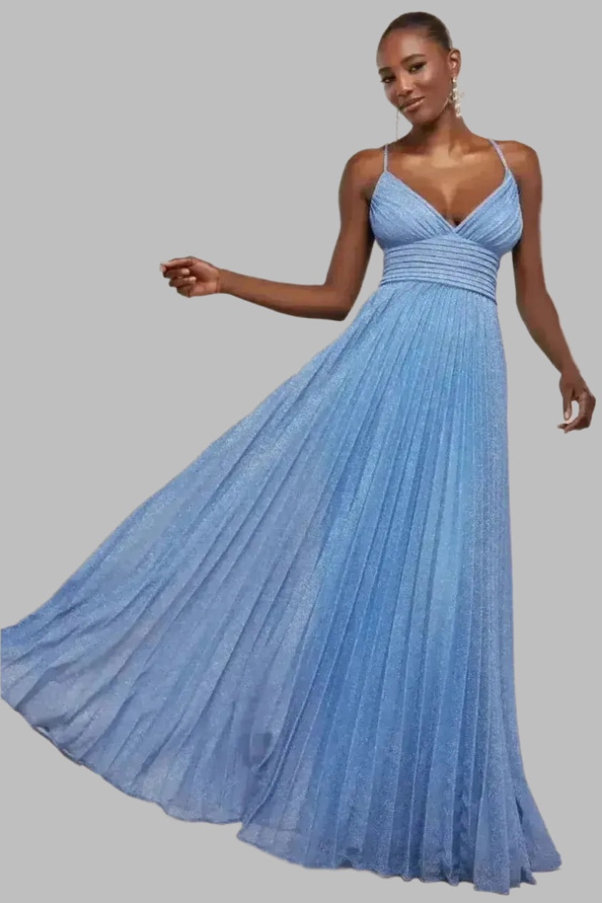 Sleeveless Pleated A - Line Lurex Maxi Dress - Maxi Dresses - Occasion by Lucy