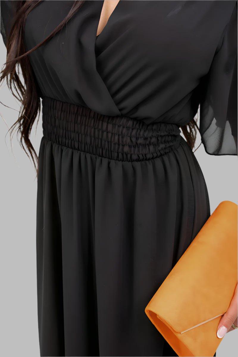 Smocked Waist V Neck Short Sleeve Flowy Maxi Dress - Maxi Dresses - Occasion by Lucy