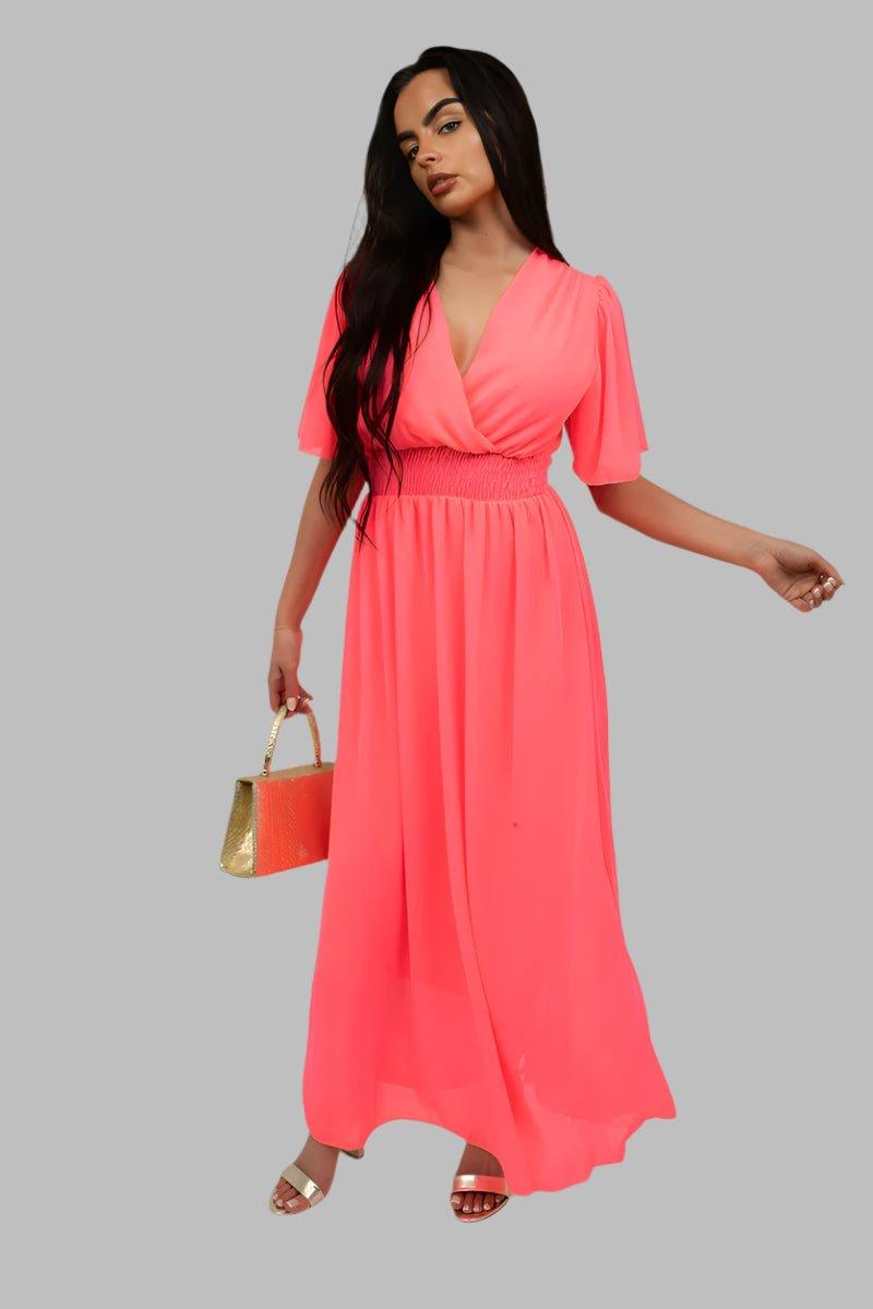 Smocked Waist V Neck Short Sleeve Flowy Maxi Dress - Maxi Dresses - Occasion by Lucy
