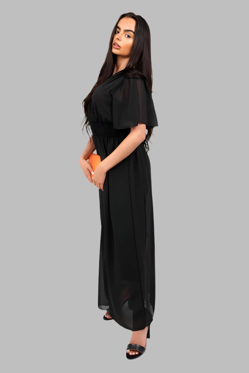 Smocked Waist V Neck Short Sleeve Flowy Maxi Dress - Maxi Dresses - Occasion by Lucy