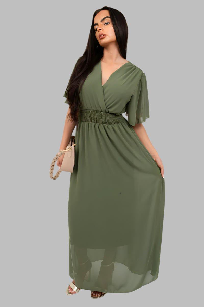 Smocked Waist V Neck Short Sleeve Flowy Maxi Dress - Maxi Dresses - Occasion by Lucy