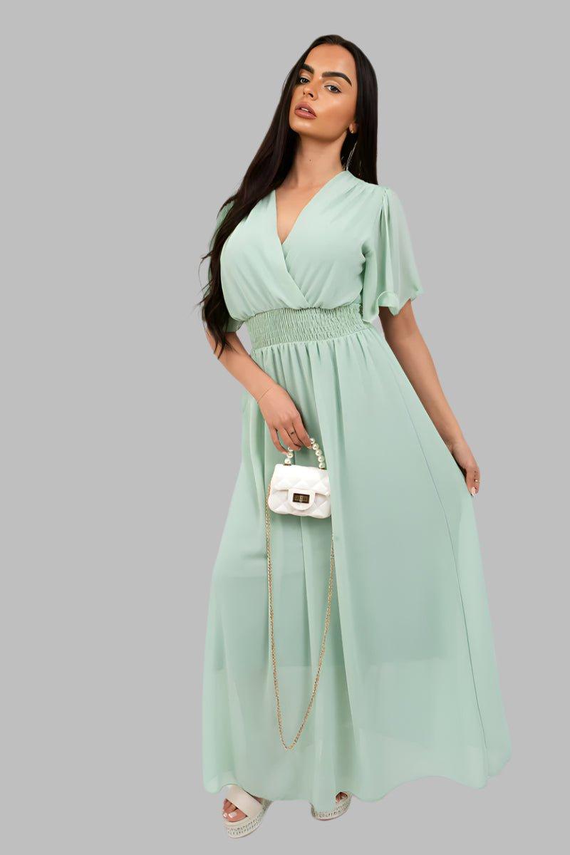 Smocked Waist V Neck Short Sleeve Flowy Maxi Dress - Maxi Dresses - Occasion by Lucy