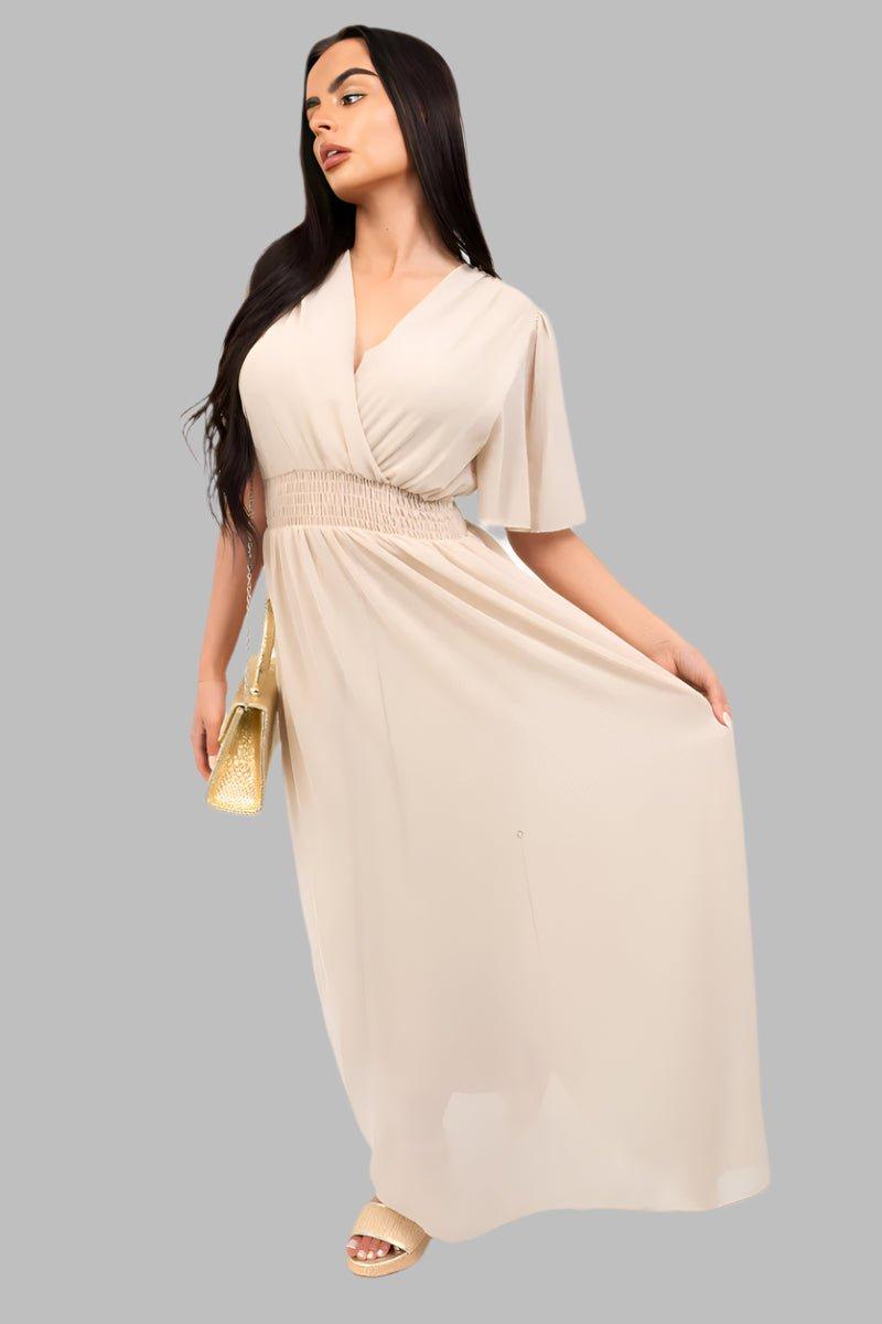Smocked Waist V Neck Short Sleeve Flowy Maxi Dress - Maxi Dresses - Occasion by Lucy