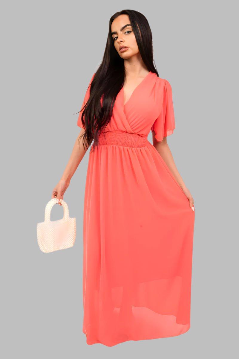Smocked Waist V Neck Short Sleeve Flowy Maxi Dress - Maxi Dresses - Occasion by Lucy
