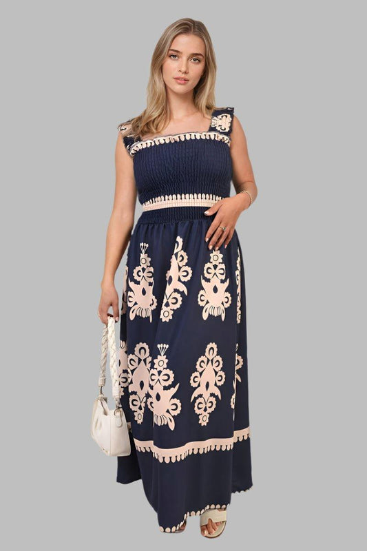 Aliah Smocked Sleeveless Tribal Print Summer Maxi Dress - Maxi Dresses - Occasion by Lucy