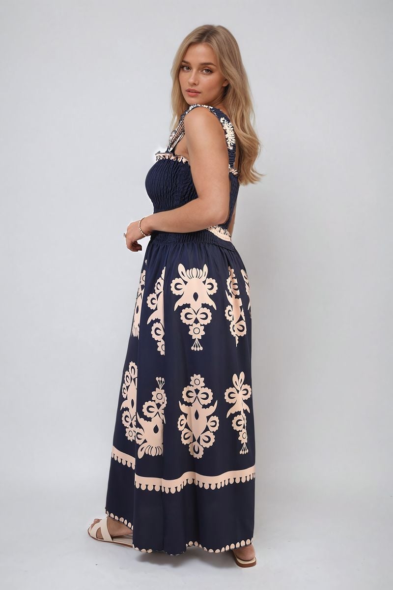 Aliah Smocked Sleeveless Tribal Print Summer Maxi Dress - Maxi Dresses - Occasion by Lucy