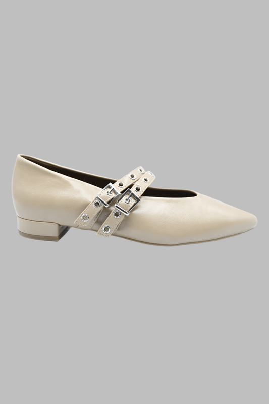Caryn Ivory Double Buckle Pointed Flat Shoes - Flats - Occasion by Lucy