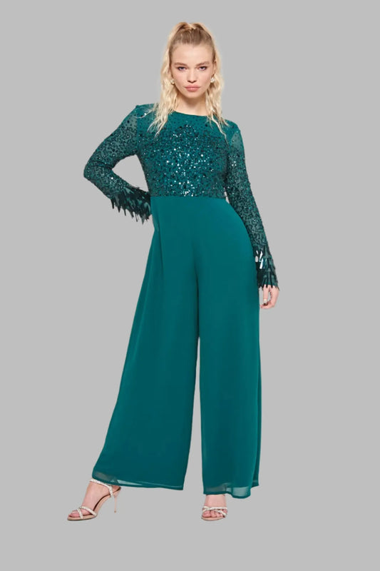 Deep Teal Sequin Embellished Bodice Jumpsuit - Jumpsuits - Occasion by Lucy