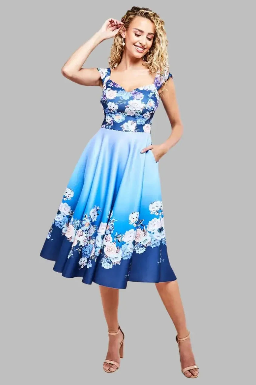 Floral Border Printed Scuba Foam Skater Dress - Skater Dresses - Occasion by Lucy