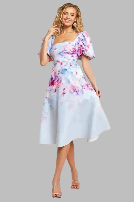 Floral Scuba Square Neck Puff Sleeve Midi Dress - Midi Dresses - Occasion by Lucy