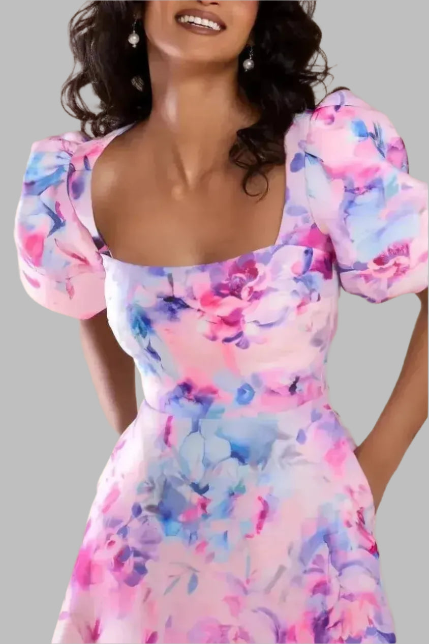 Floral Scuba Square Neck Puff Sleeve Midi Dress - Midi Dresses - Occasion by Lucy