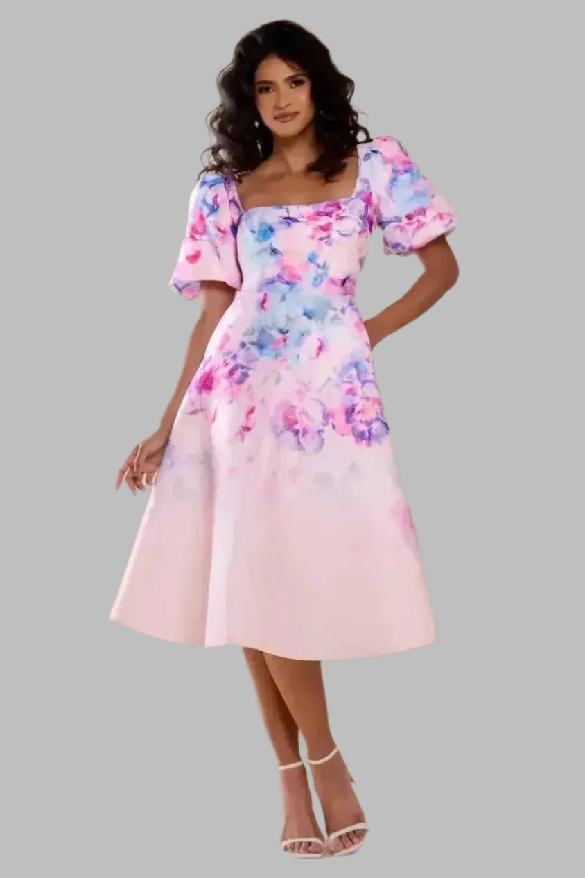 Floral Scuba Square Neck Puff Sleeve Midi Dress - Midi Dresses - Occasion by Lucy