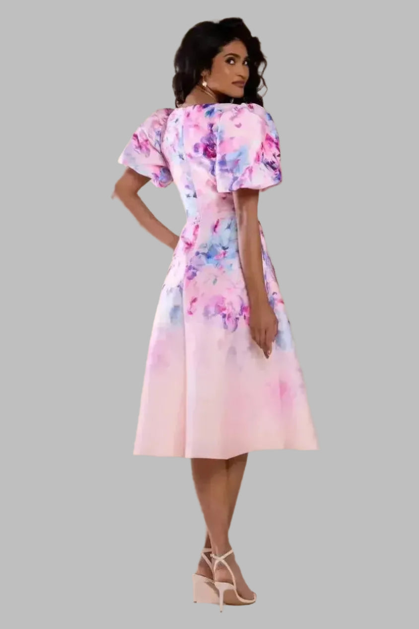 Floral Scuba Square Neck Puff Sleeve Midi Dress - Midi Dresses - Occasion by Lucy