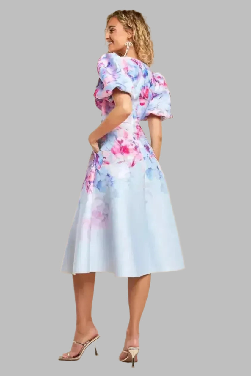 Floral Scuba Square Neck Puff Sleeve Midi Dress - Midi Dresses - Occasion by Lucy