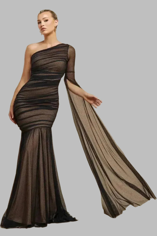 Gathered One Sleeve Angel Wing Mermaid Maxi Dress - Maxi Dresses - Occasion by Lucy