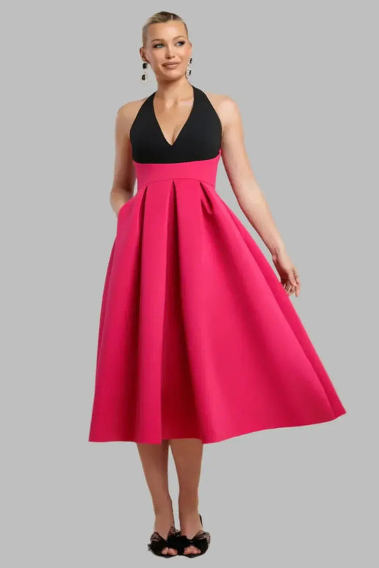 Halter Neck Pleated A - Line Mid - Maxi Dress - Skater Dresses - Occasion by Lucy