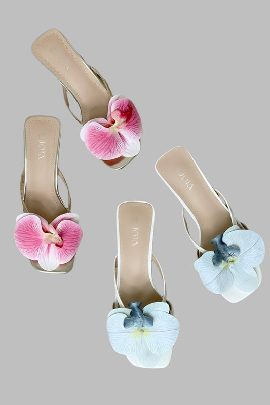 Strappy Kitten Heel Shoes with Large Fabric Flower