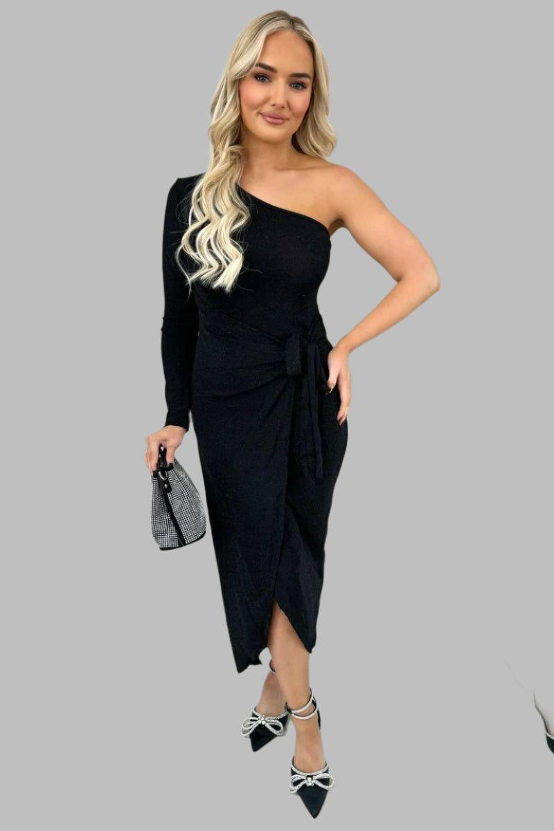 Jodie One Shoulder Wrap Front Glitter Midi Dress - Maxi Dresses - Occasion by Lucy