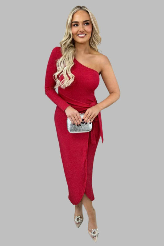 Jodie One Shoulder Wrap Front Glitter Midi Dress - Maxi Dresses - Occasion by Lucy