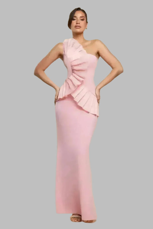 One Shoulder Pleated Fan Maxi Dress - One - Shoulder Dresses - Occasion by Lucy