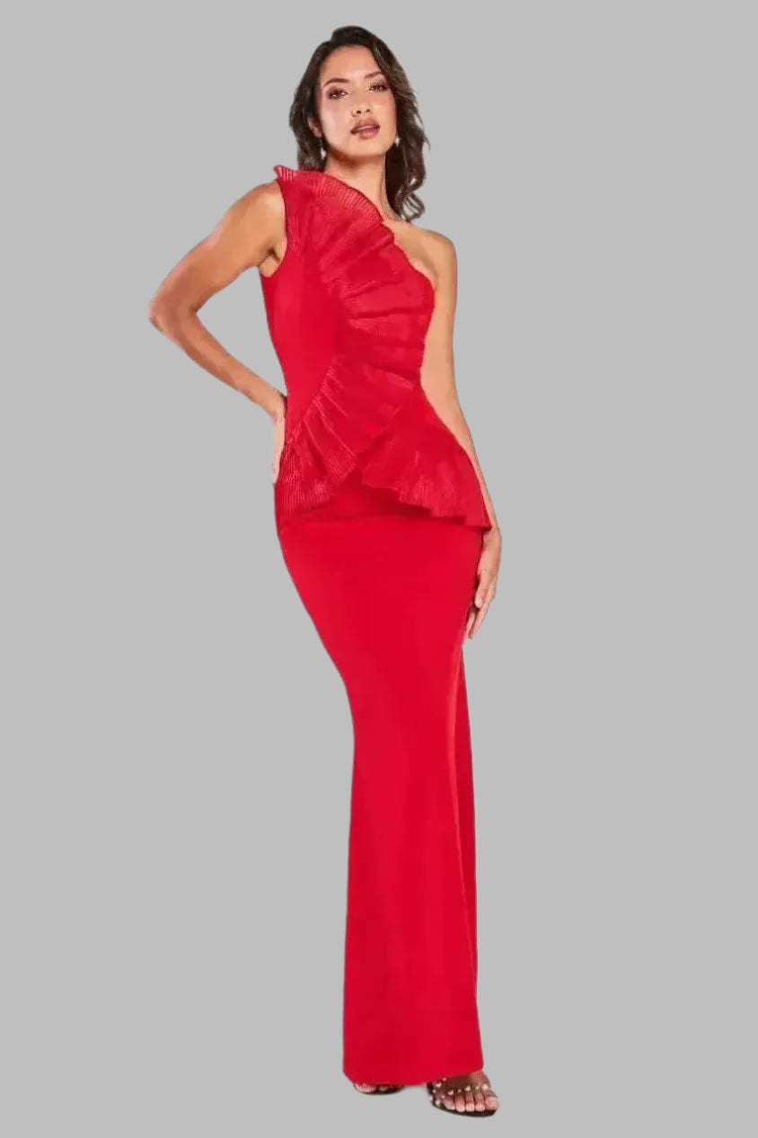 One Shoulder Pleated Fan Maxi Dress - One - Shoulder Dresses - Occasion by Lucy