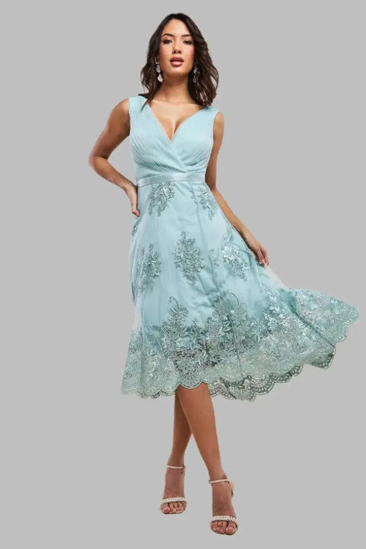 Pleated Satin Bodice High and Low Dress - Midi Dresses - Occasion by Lucy