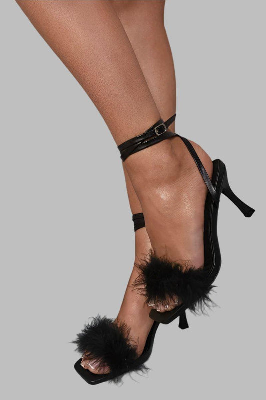 Sabrina Fluffy Detail Open Toe Strappy High Heels - Stilettos - Occasion by Lucy