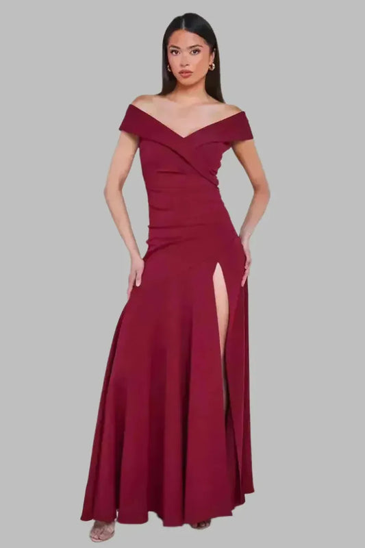 Scuba Crepe Off The Shoulder Bardot Dress with Slit - Maxi Dresses - Occasion by Lucy