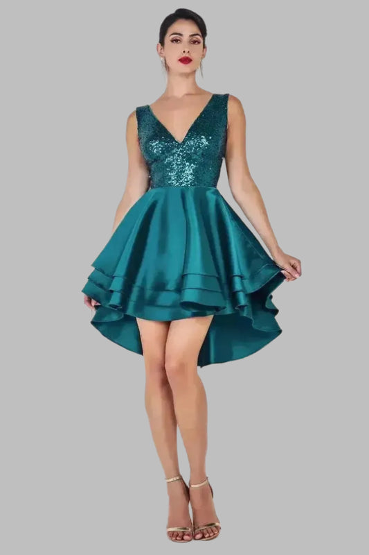 Sequin And Satin Multilayered Hi - Low Mini Skater Dress - Skater Dresses - Occasion by Lucy