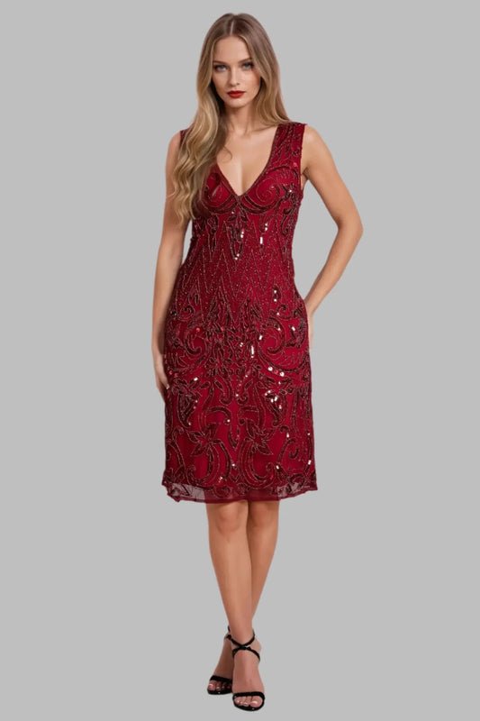 Sleeveless Embellished Plum Red 1920s Style Flapper Dress - Formal Dresses - Occasion by Lucy