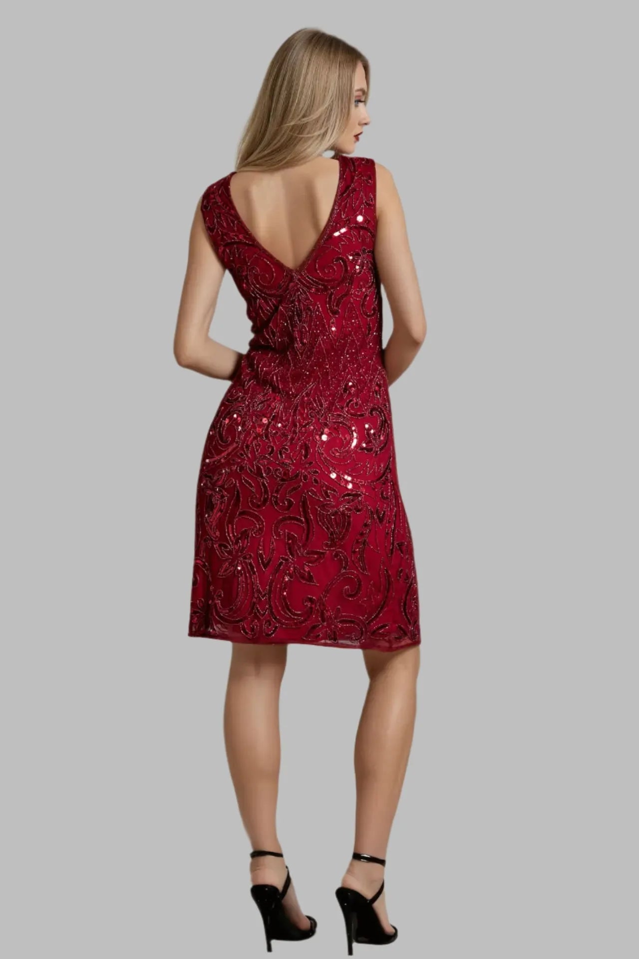 Sleeveless Embellished Plum Red 1920s Style Flapper Dress - Formal Dresses - Occasion by Lucy