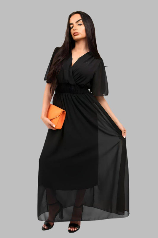 Smocked Waist V Neck Short Sleeve Flowy Maxi Dress - Maxi Dresses - Occasion by Lucy