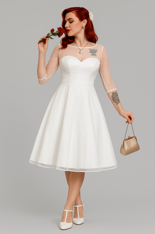 Vintage Style Midi Tea Length Satin 3/4 Mesh Sleeve Wedding Dress - Vintage Style Wedding Dresses - Occasion by Lucy