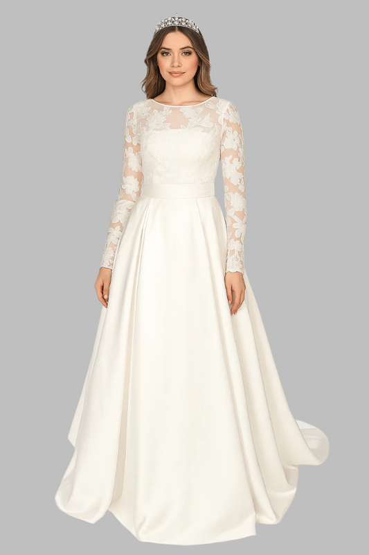 White Lace Bodice Satin Wedding Dress - Lace Wedding Dresses - Occasion by Lucy