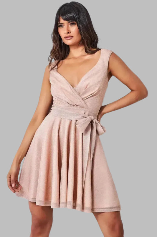 Wrap Bodice Lurex Skater Dress With Belt - Skater Dresses - Occasion by Lucy